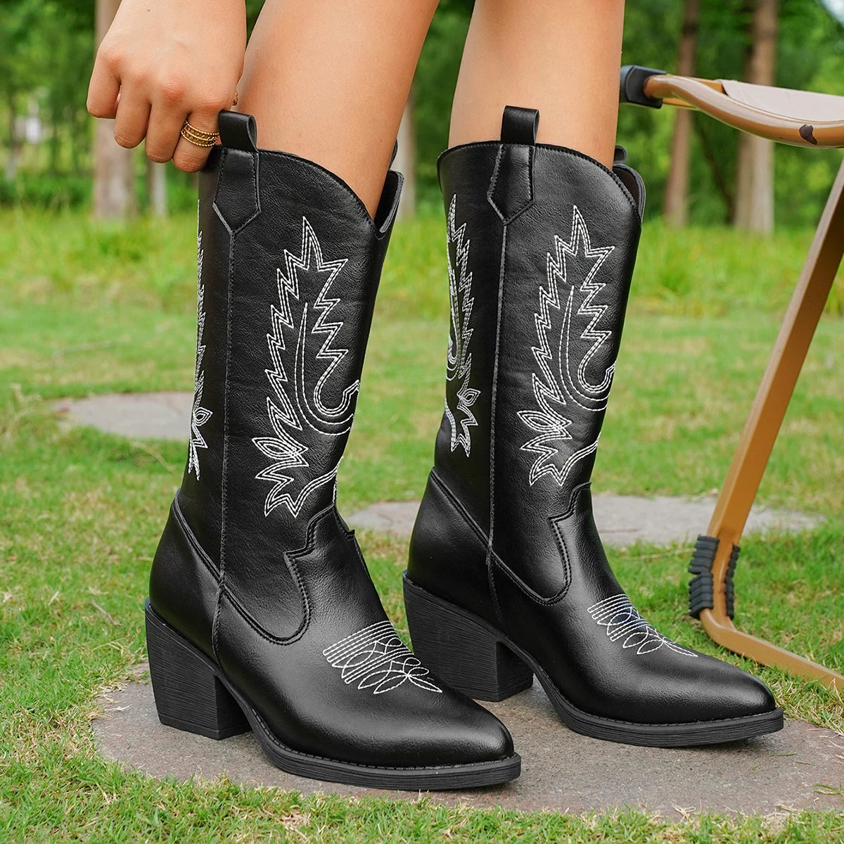 Bottes de cowboy brodées Solace pour femme | Talon carré, semelle épaisse, bout pointu 5