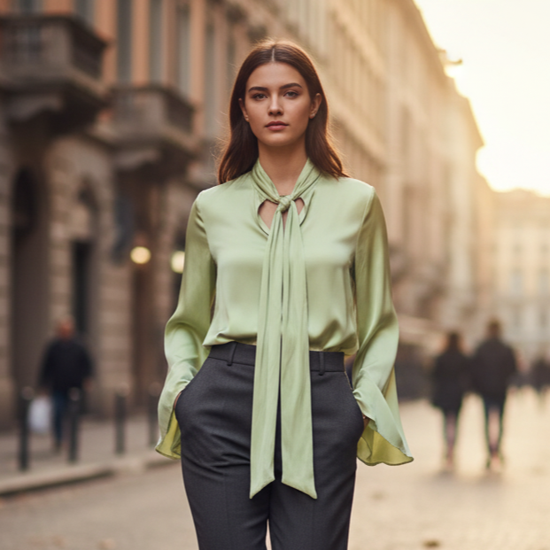 Chemise ras du cou Claudia pour femme avec nœud | Manches longues, couleur unie 1