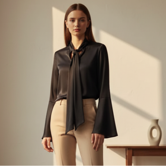 Chemise ras du cou Claudia pour femme avec nœud | Manches longues, couleur unie 2