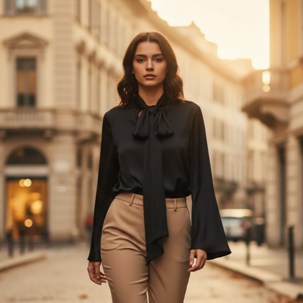Chemise ras du cou Claudia pour femme avec nœud | Manches longues, couleur unie 3