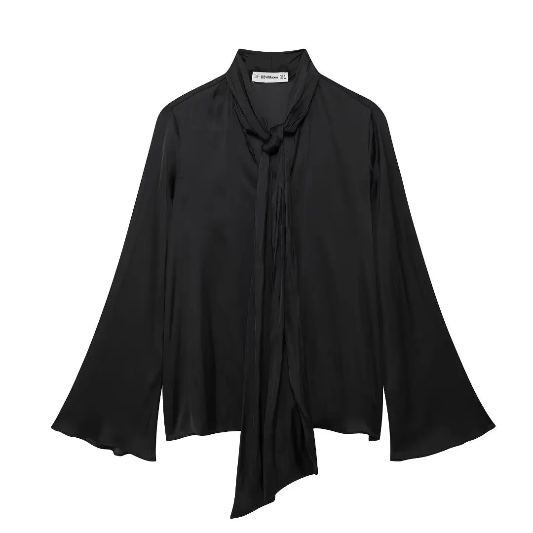 Chemise ras du cou Claudia pour femme avec nœud | Manches longues, couleur unie 4