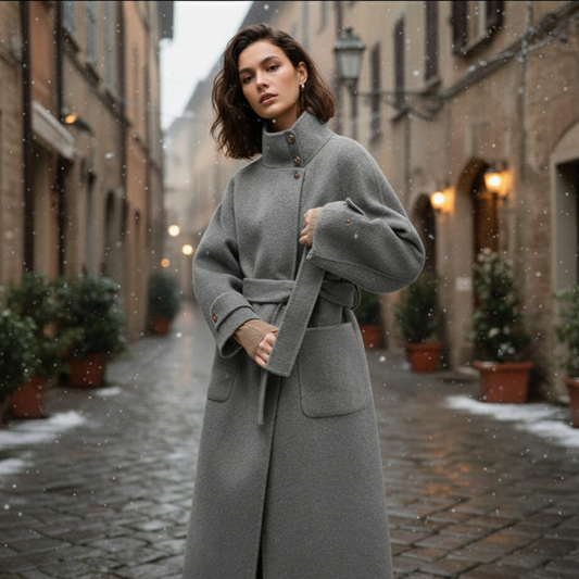 Manteau long Ciora en laine mélangée double face pour femme | Col montant, ceinture 0