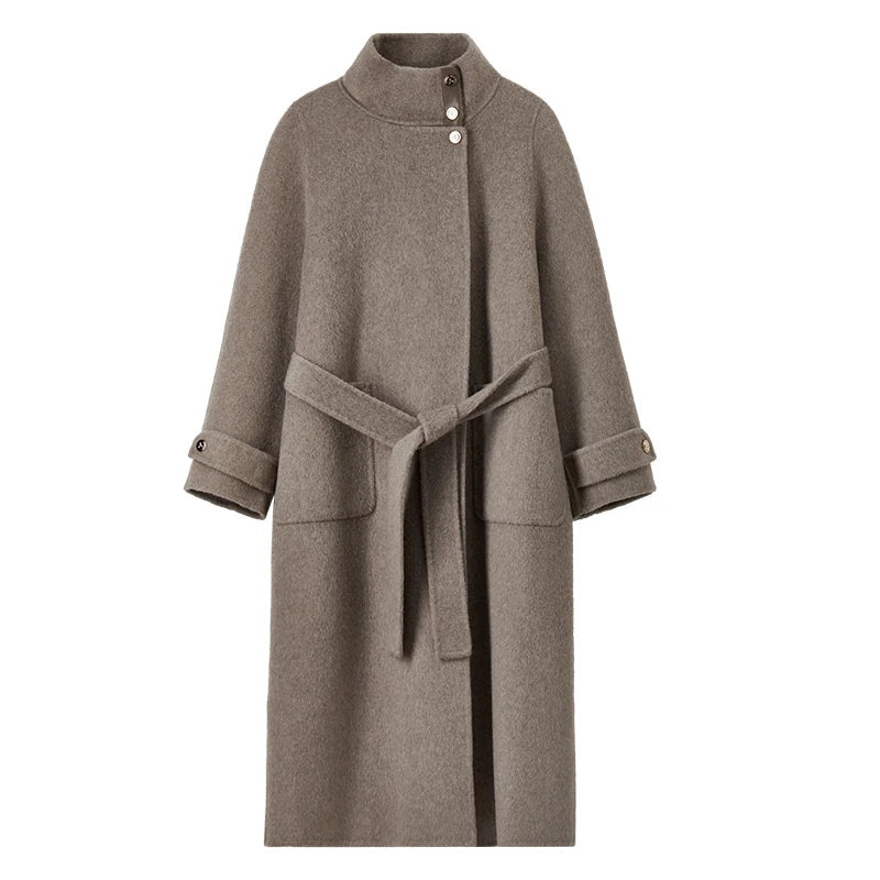 Manteau long Ciora en laine mélangée double face pour femme | Col montant, ceinture 3