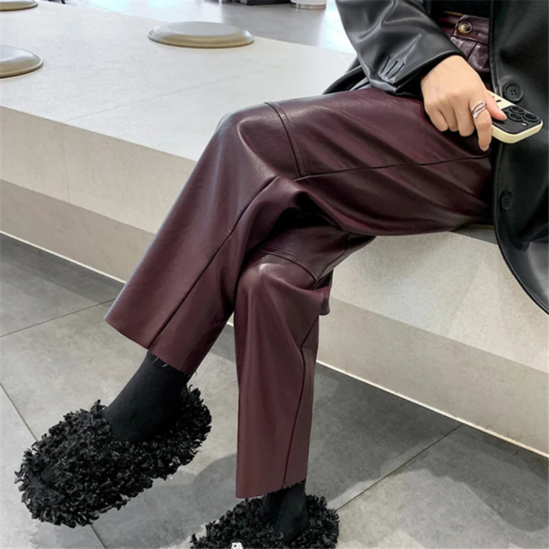 Pantalon en cuir taille haute coupe droite avec poches pour femme Vinta 0