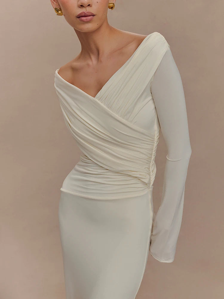 Robe ajustée Mavina pour femme, à volants et col en V | Longue, taille haute 4