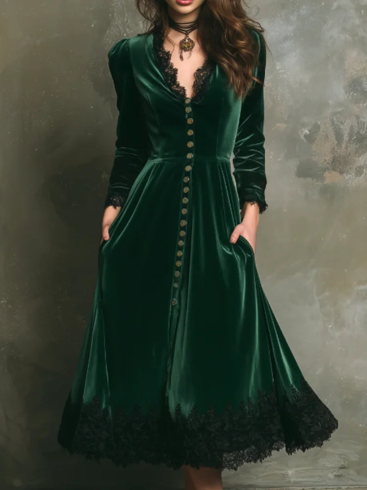 Robe trapèze en velours à col en V Fiora pour femme | Dentelle, taille haute, style rétro 0