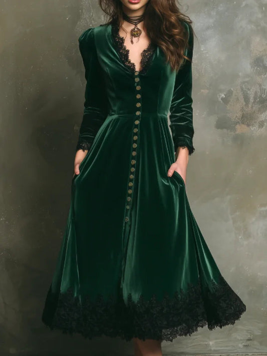 Robe trapèze en velours à col en V Fiora pour femme | Dentelle, taille haute, style rétro 0
