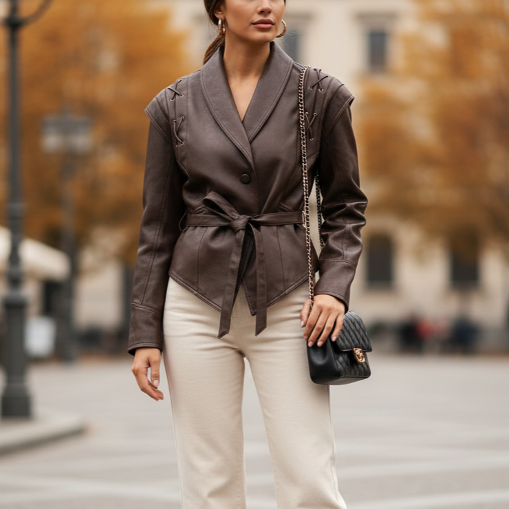 Veste en cuir à lacets Livara pour femme | Taille ajustée, col à revers 1