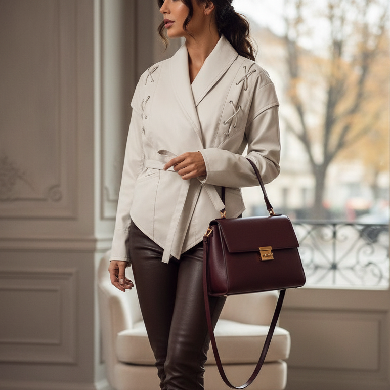Veste en cuir à lacets Livara pour femme | Taille ajustée, col à revers 2