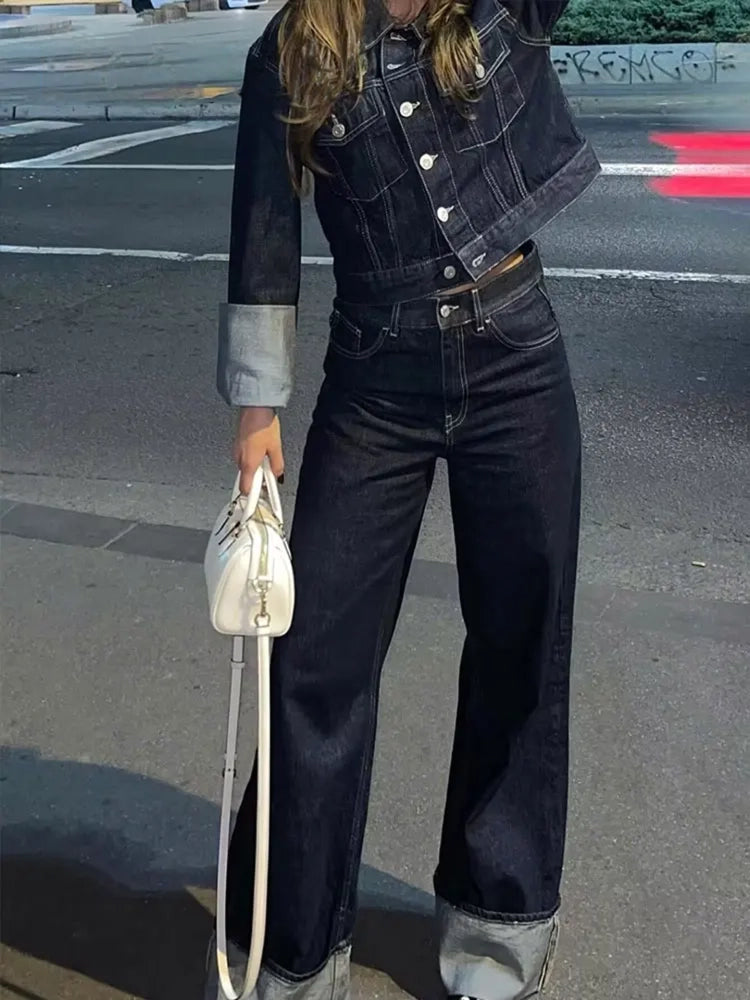 Vyra Ensemble en Jean Femme Vintage | Veste et Pantalon, Coupe Ajustée, Poches Pratiques