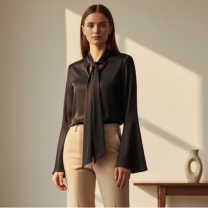 Chemise ras du cou Claudia pour femme avec nœud | Manches longues, couleur unie 2