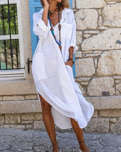 Emera Robe Chemise Femme | Design Élégant et Polyvalent, Longue Blanche