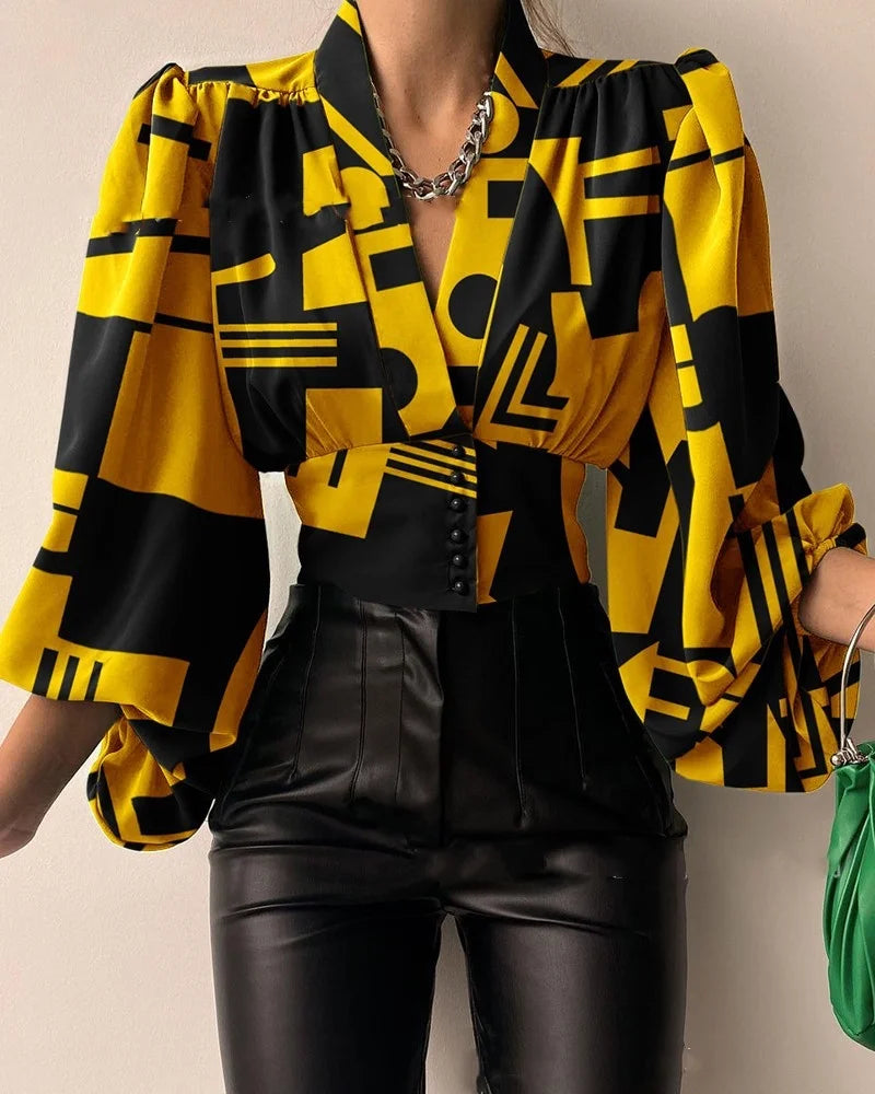 Liora Blouse Femme Chic à Col V Irrégulier | Manches Lanternes, Tissu Léger 2
