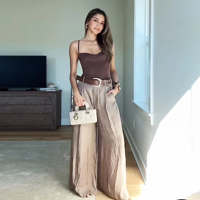 Liora Pantalon Fluide Femme à Taille Haute | Satiné, Évasé, avec Poches 1