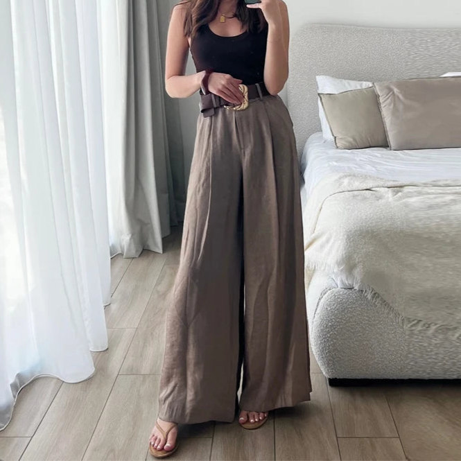 Liora Pantalon Fluide Femme à Taille Haute | Satiné, Évasé, avec Poches 4