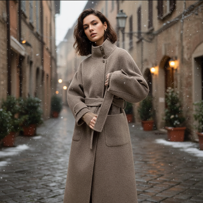 Manteau long Ciora en laine mélangée double face pour femme | Col montant, ceinture 1