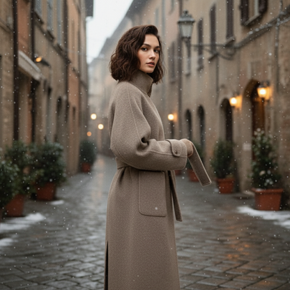 Manteau long Ciora en laine mélangée double face pour femme | Col montant, ceinture 2