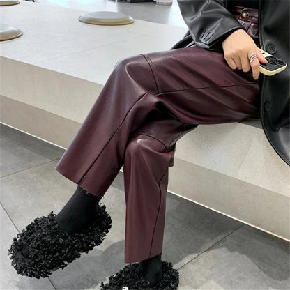 Pantalon en cuir taille haute coupe droite avec poches pour femme Vinta 0