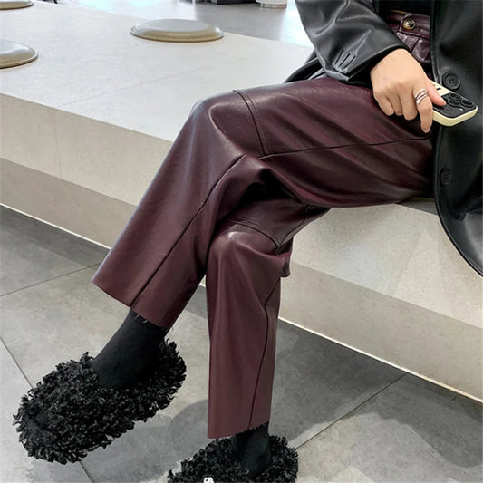 Pantalon en cuir taille haute coupe droite avec poches pour femme Vinta 0