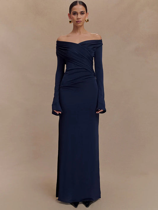 Robe ajustée Mavina pour femme, à volants et col en V | Longue, taille haute 0