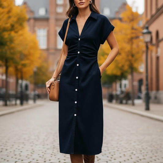 Robe midi ajustée en jean Daria | Ceinture plissée et fermeture éclair latérale 0