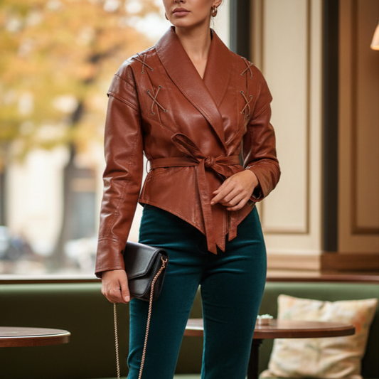 Veste en cuir à lacets Livara pour femme | Taille ajustée, col à revers 0