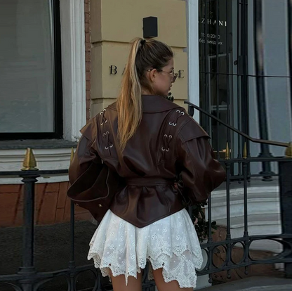 Veste en cuir à lacets Livara pour femme | Taille ajustée, col à revers 6